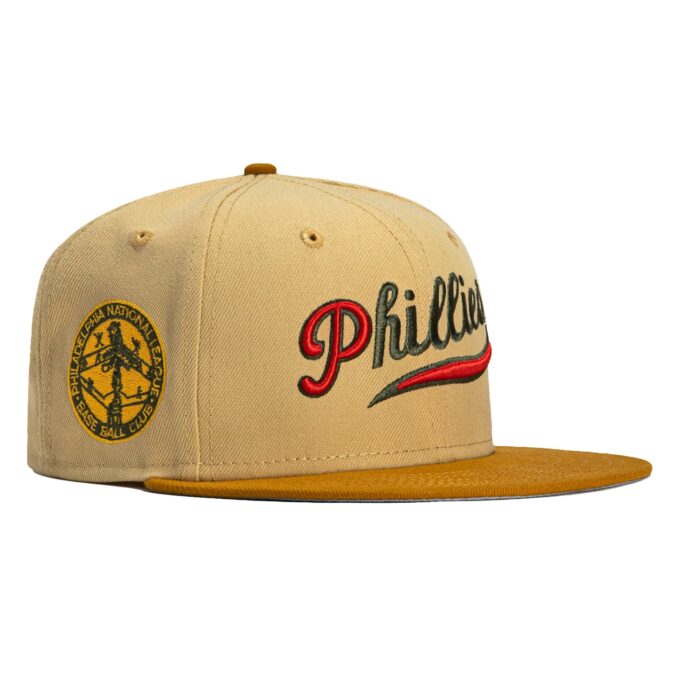 New Era 59Fifty Hummus Philadelphia Phillies 1938 Logo Patch Hat – Tan, Khaki Fashion