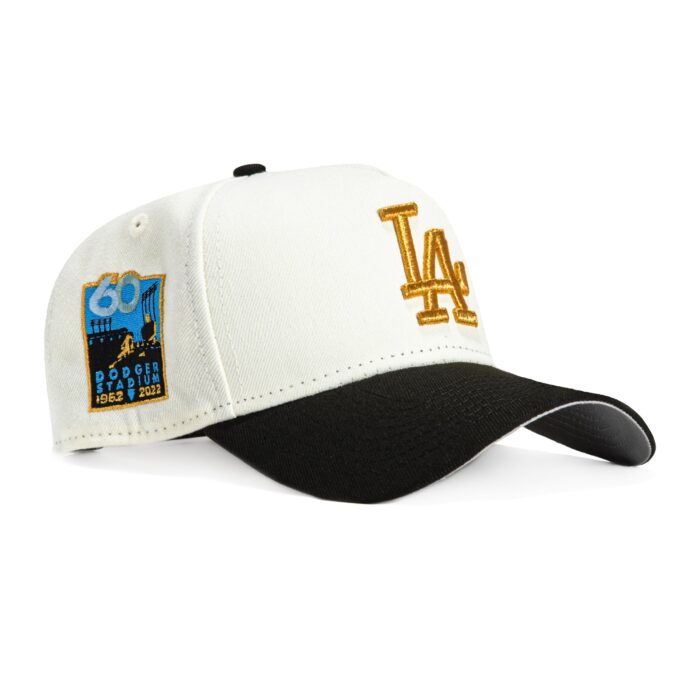 New Era 9Forty A-Frame Los Angeles Dodgers 60th Anniversary Stadium Patch Snapback Hat – White, Black, Metallic Gold Hot on Sale